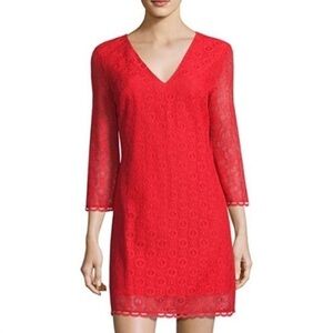 1. State Lace Dress Riviera Size Small Red 3/4 Sleeve V-Neck Mini Cotton New NWT